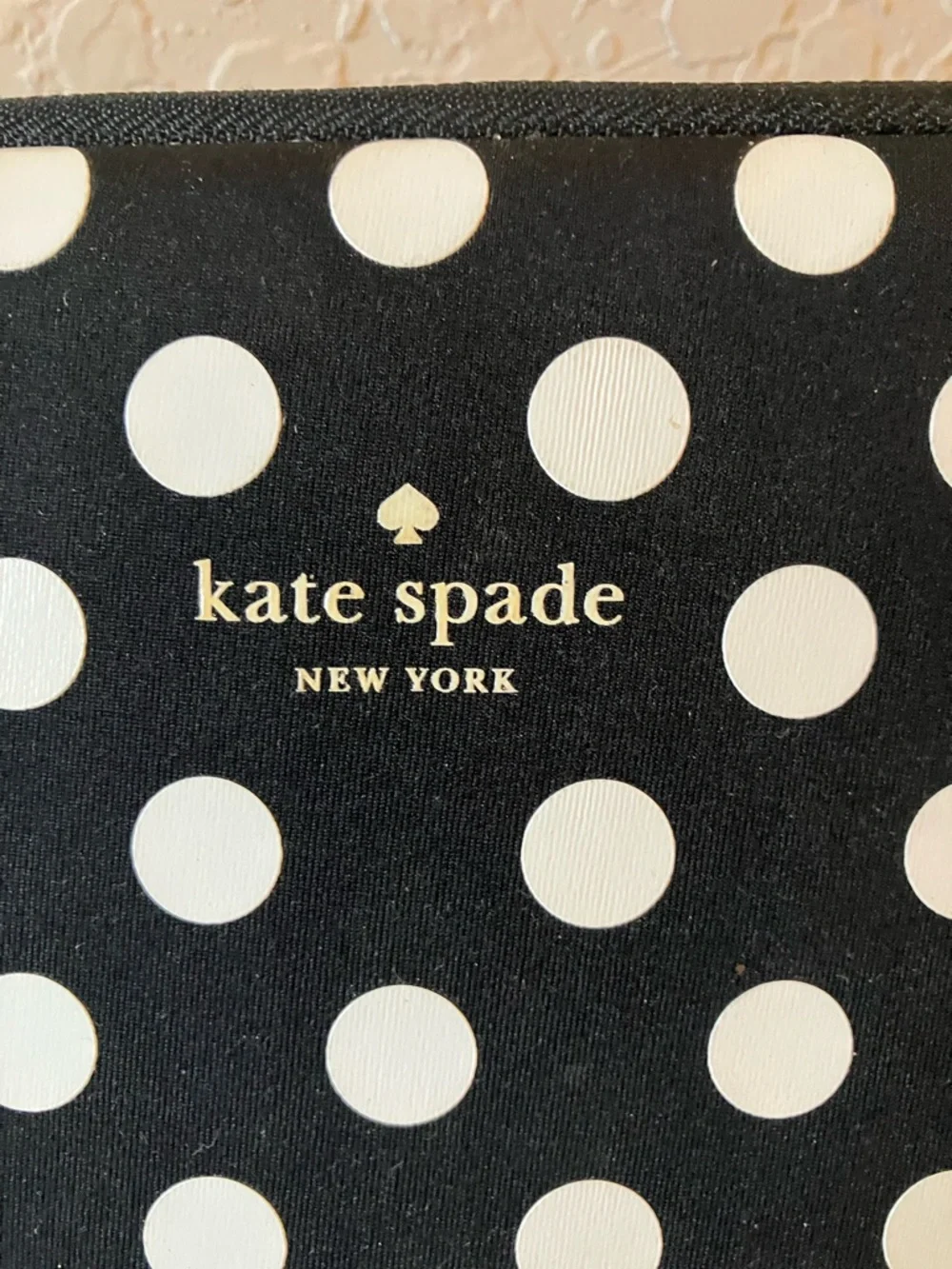 kate spade: Black & White Polka Dot Tablet Sleeve- Gold Tone- Storybook Lining